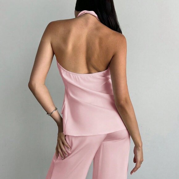 Pink Elegant Women's Sexy Backless Halter Top - Picture 2 of 6